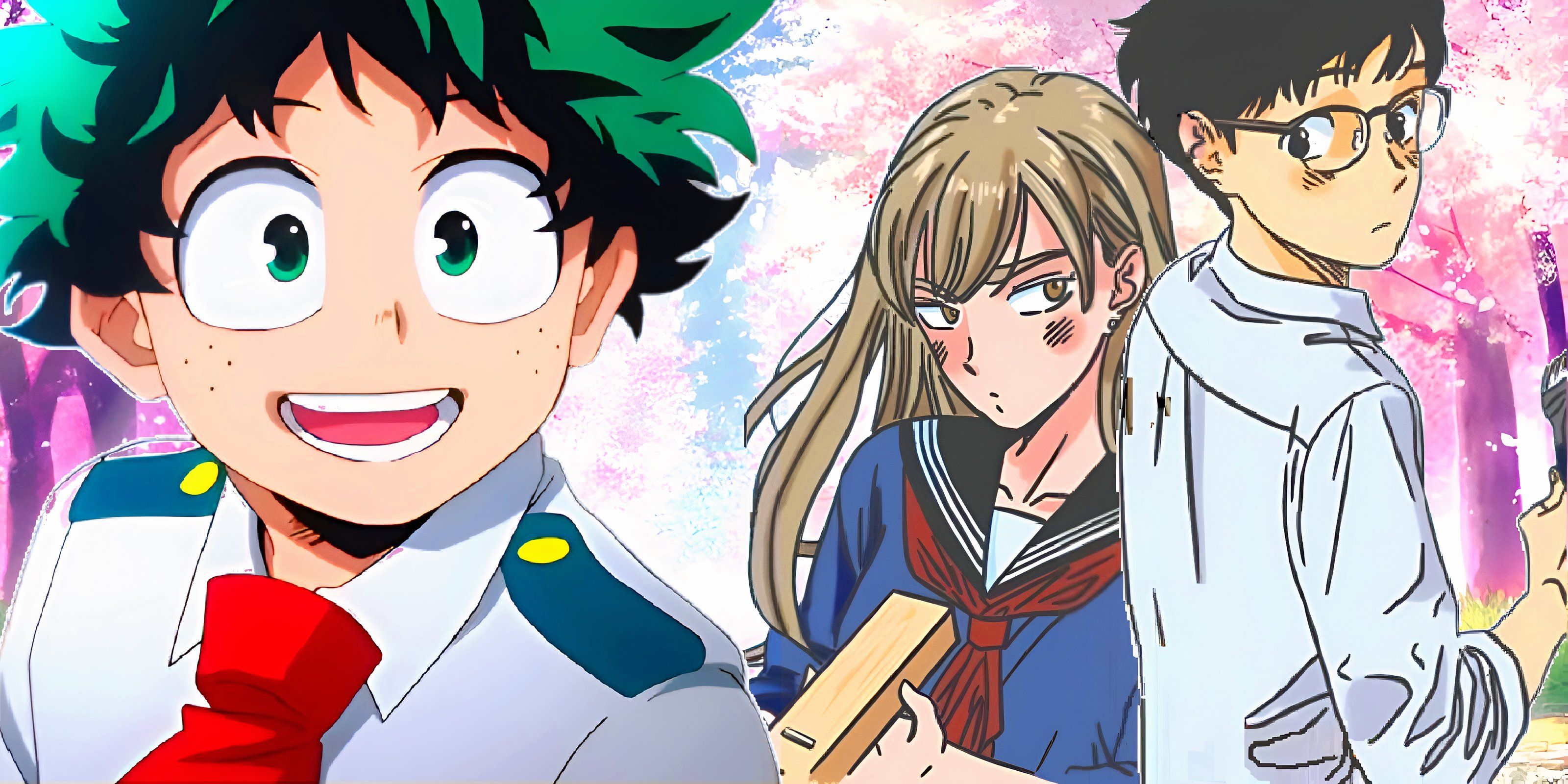 A collage-style image featuring official artwork of Deku from MHA and the leads from Blooming Love