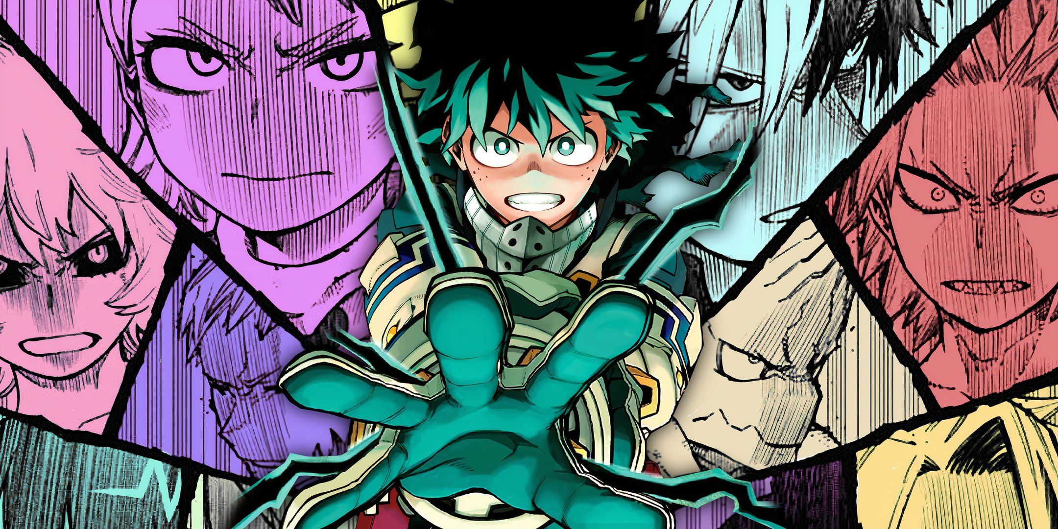 Deku in my hero academia with his palm outstretched in front of him and a collage of class 1 a behind him