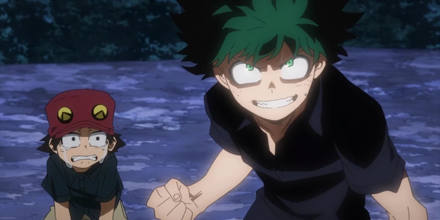 Deku with a wild smile and a fist clenched as he saves Kota from Muscular at night.