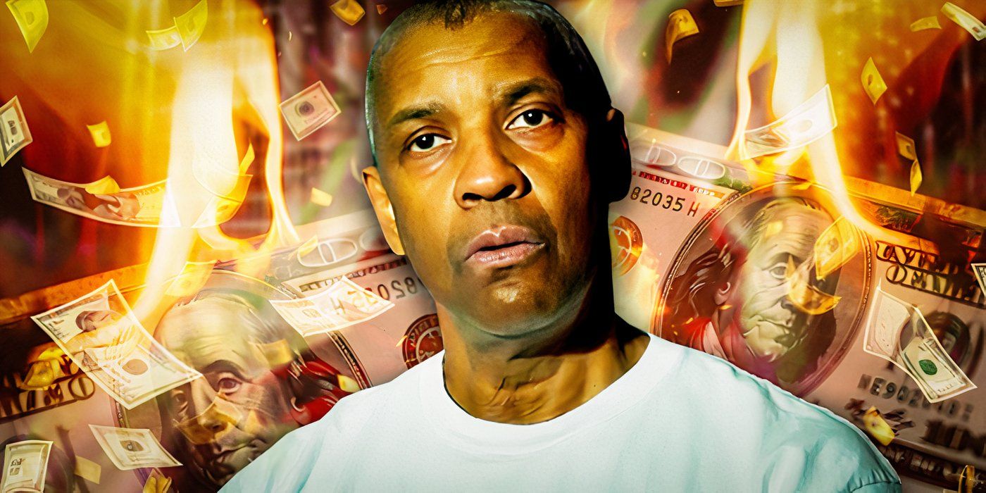 Denzel Washington's Deacon from The Little Things in front of burning money
