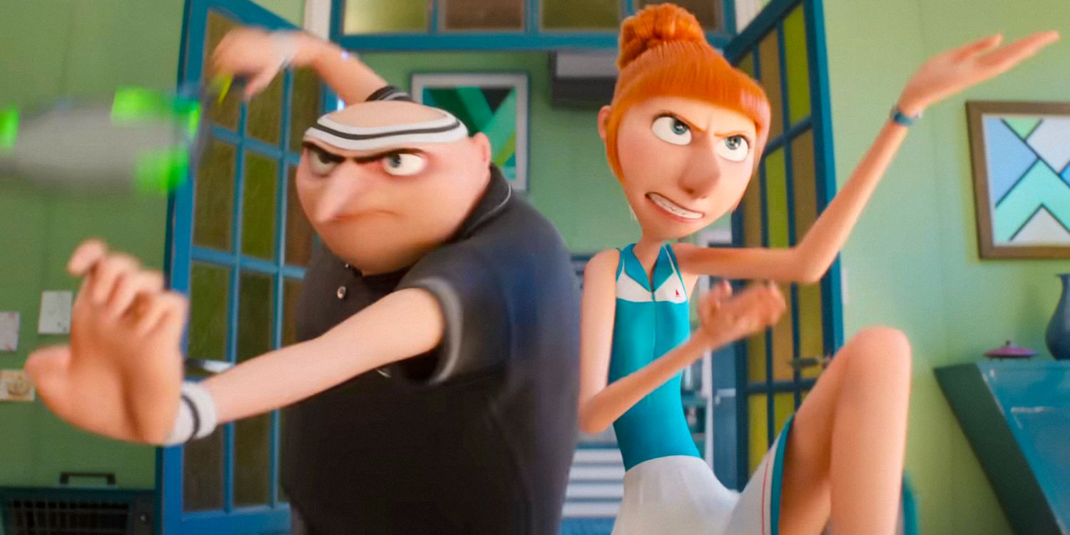 Gru and Lucy striking funny attack poses in Despicable Me 4