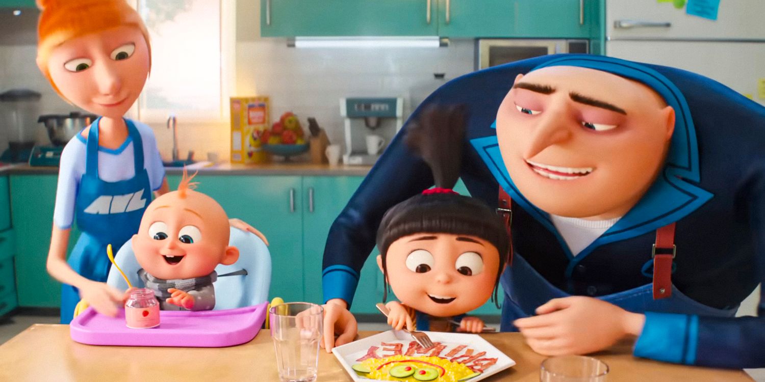 Lucy and Gru are making breakfast for Agnes and the new baby in Despicable Me 4