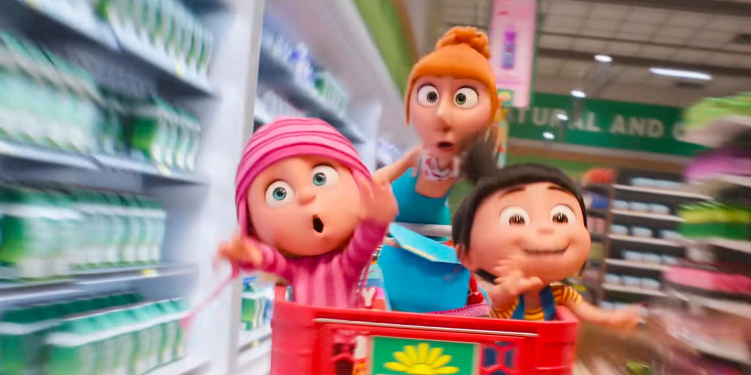 Edith and Agnes are in the supermarket cart while Lucy pushes it and runs in Despicable Me 4