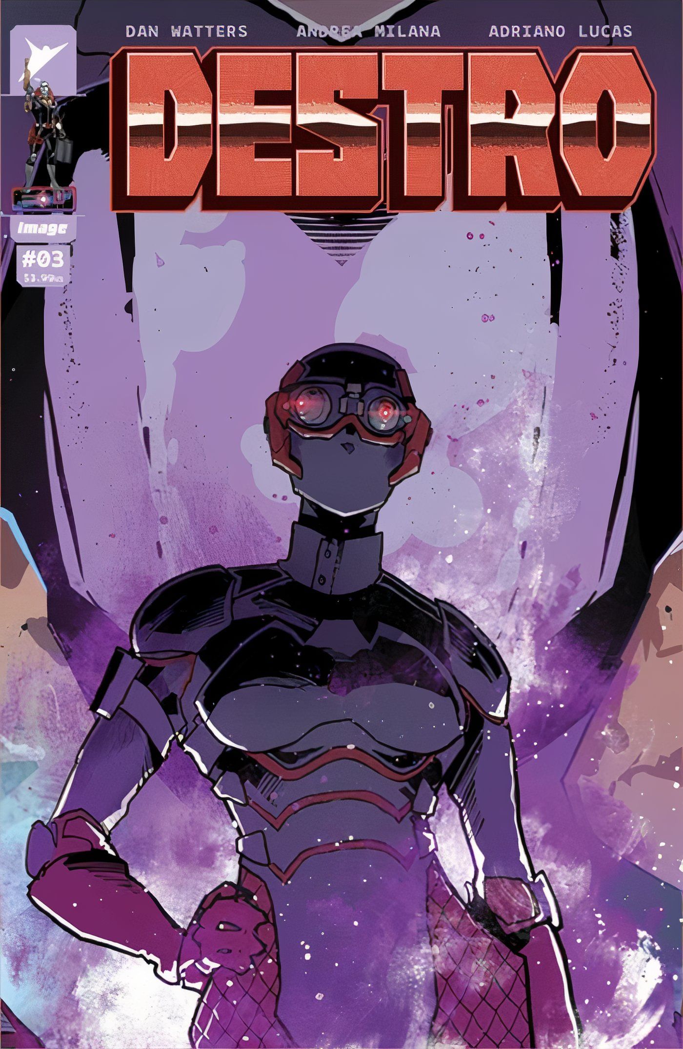 Destro #3 variant cover by Nikola Cizemija, the mysterious assassin Chameleon against the backdrop of Cobra Commander's face.