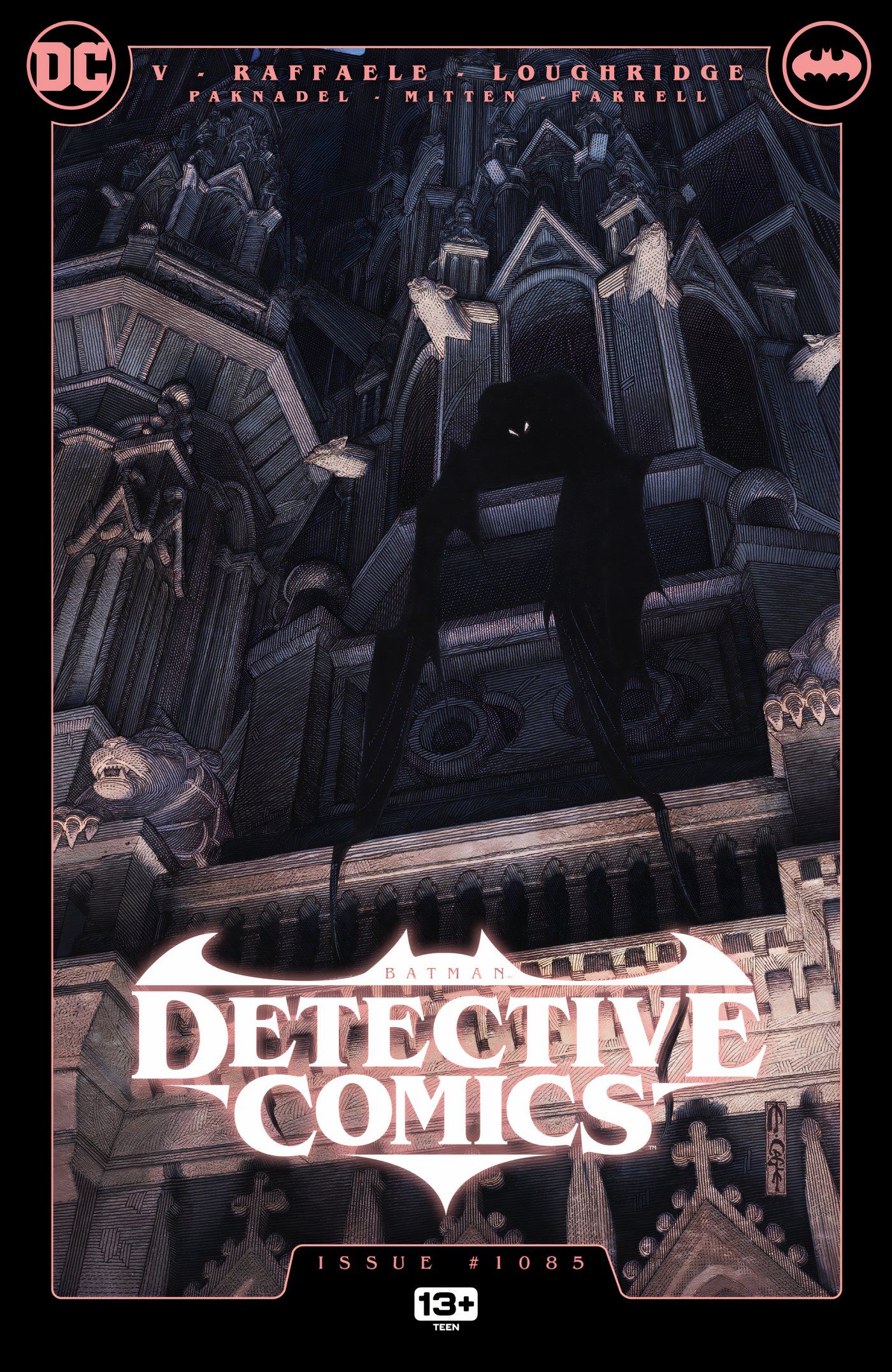 Detective Comics 1085 Main Cover: the shadow of Batman hangs from the rafter of a gothic building.