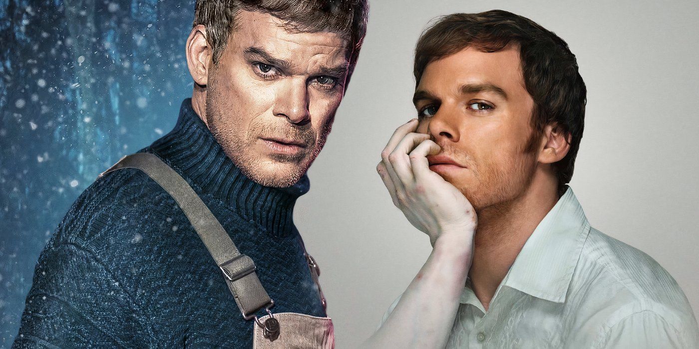 A composite image of Dexter in the snow with Dexter resting his chin on a dead hand in Dexter