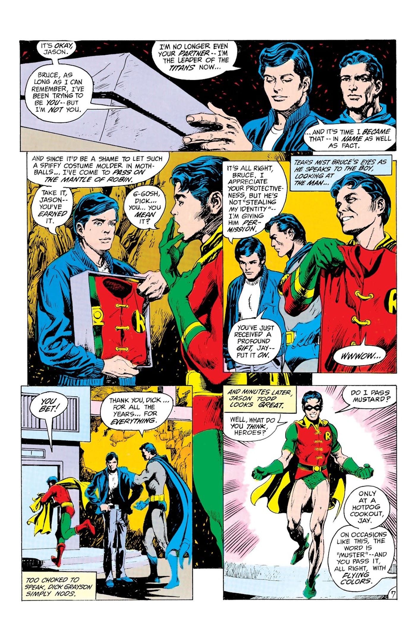 Dick Grayson le da a Jason Todd el traje y el título de Robin. Jason usa el disfraz de Robin. 