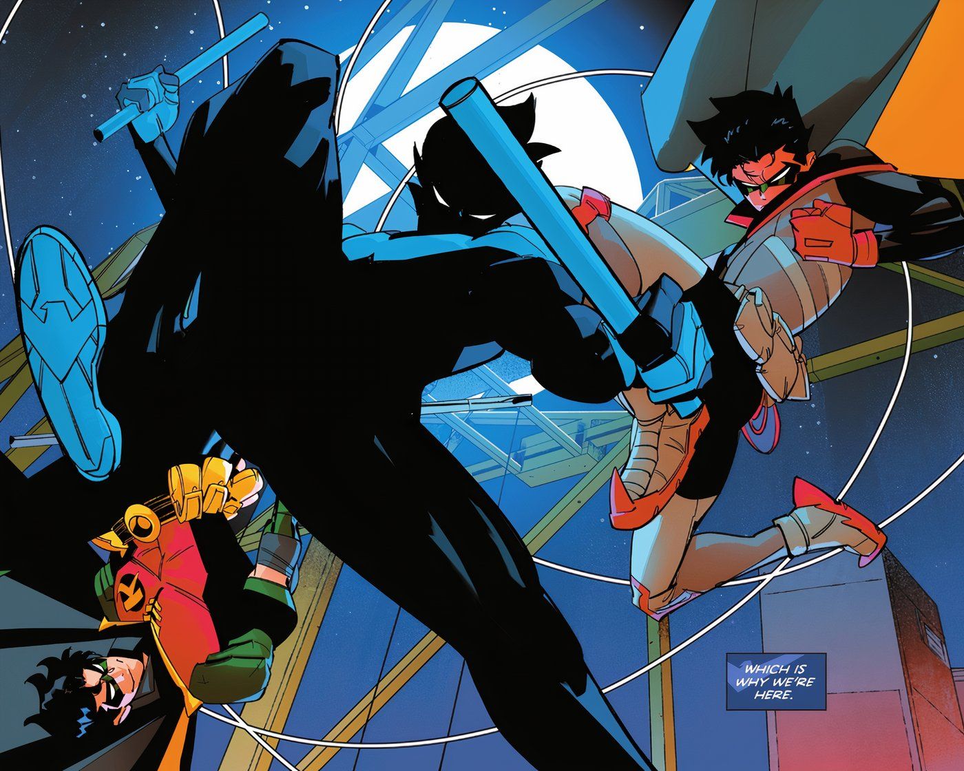 Dick Grayson como Asa Noturna, Damian Wayne como Robin e Tim Drake como Robin trabalhando em equipe em Asa Noturna 113