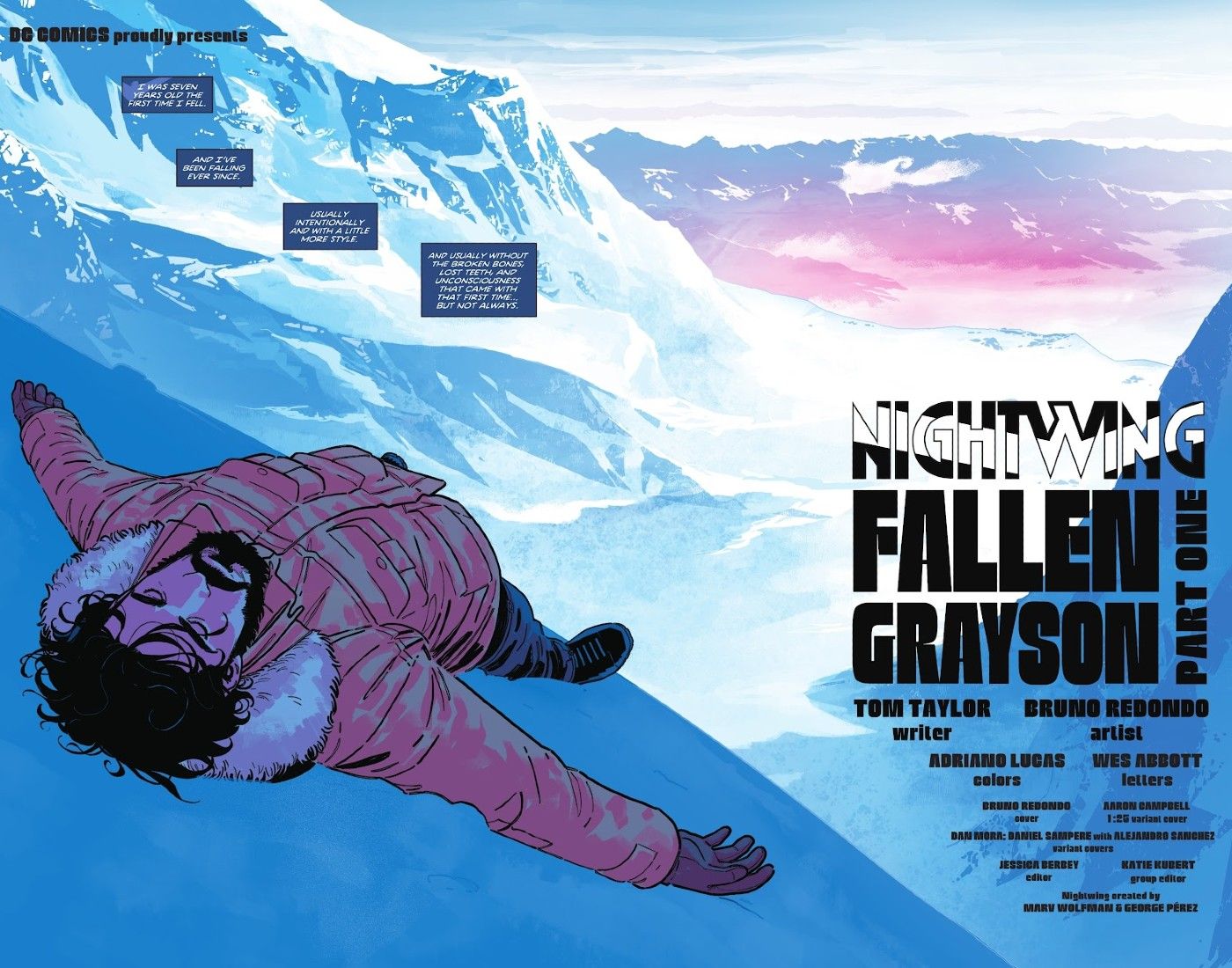 Dick Grayson fica inconsciente na neve na primeira página de Fallen Grayson, parte um de Tom Taylor's Nightwing #114