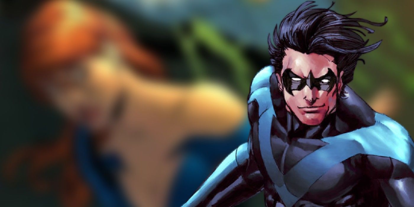 Dick Grayson Nightwing in the foreground while blurred Cheyenne Freemont is in the background