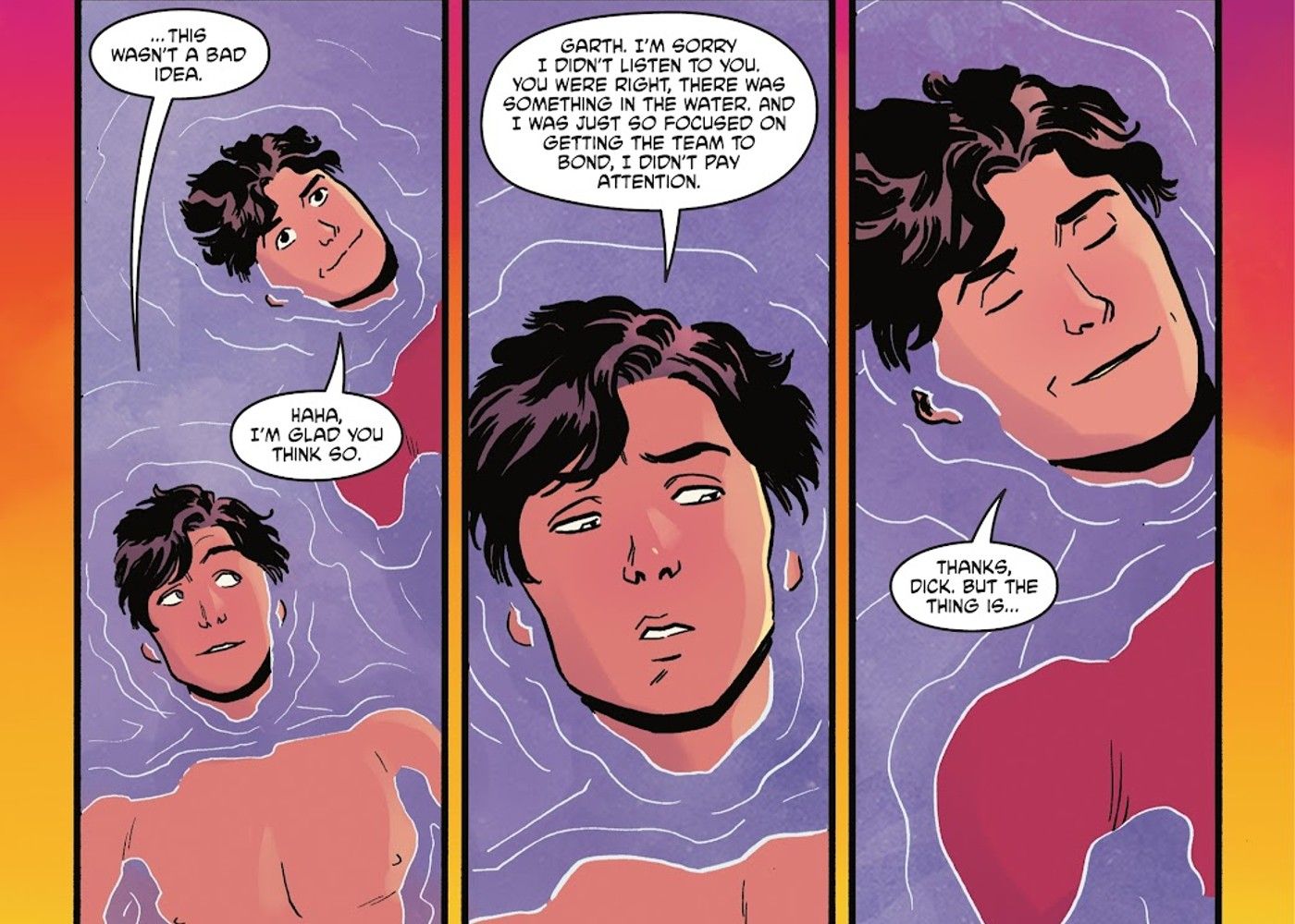 Dick Grayson Robin fala com Garth, também conhecido como Aqualad, sobre os Jovens Titãs em DC Spring Breakout #1