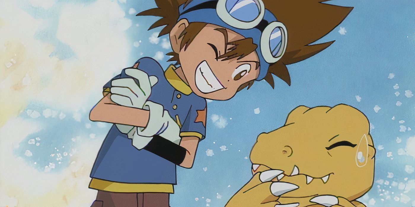 Tai de Digimon Adventures piscando para Agumon, que mal consegue conter o riso.