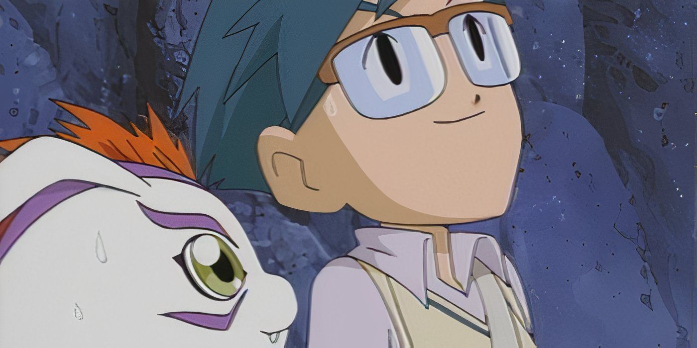 Joe de Digimon sentado contra uma pedra e olhando para cima com seu parceiro Gomamon.