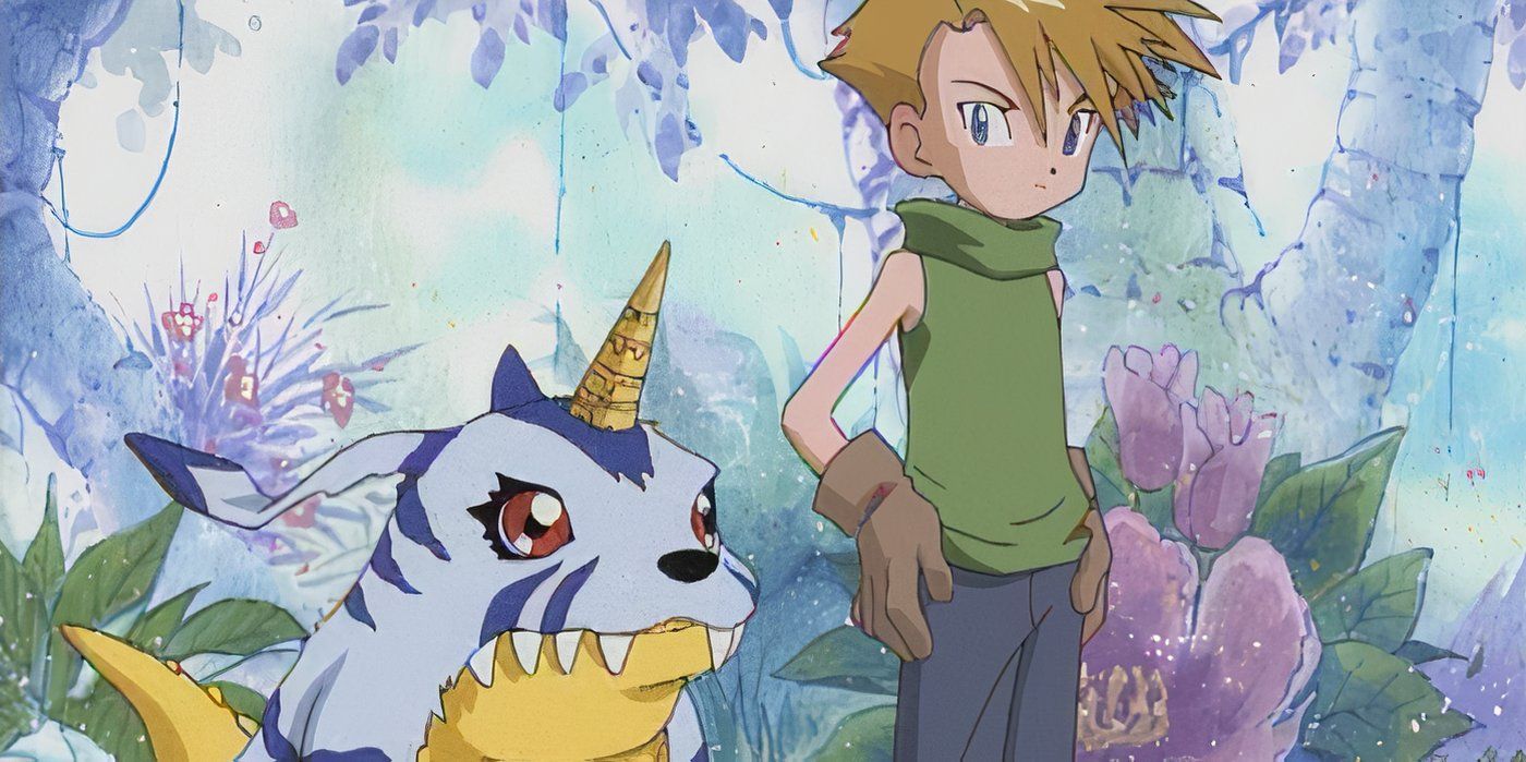 Matt de Digimon parado com as mãos nos quadris com seu Gabumon parado ao lado dele.