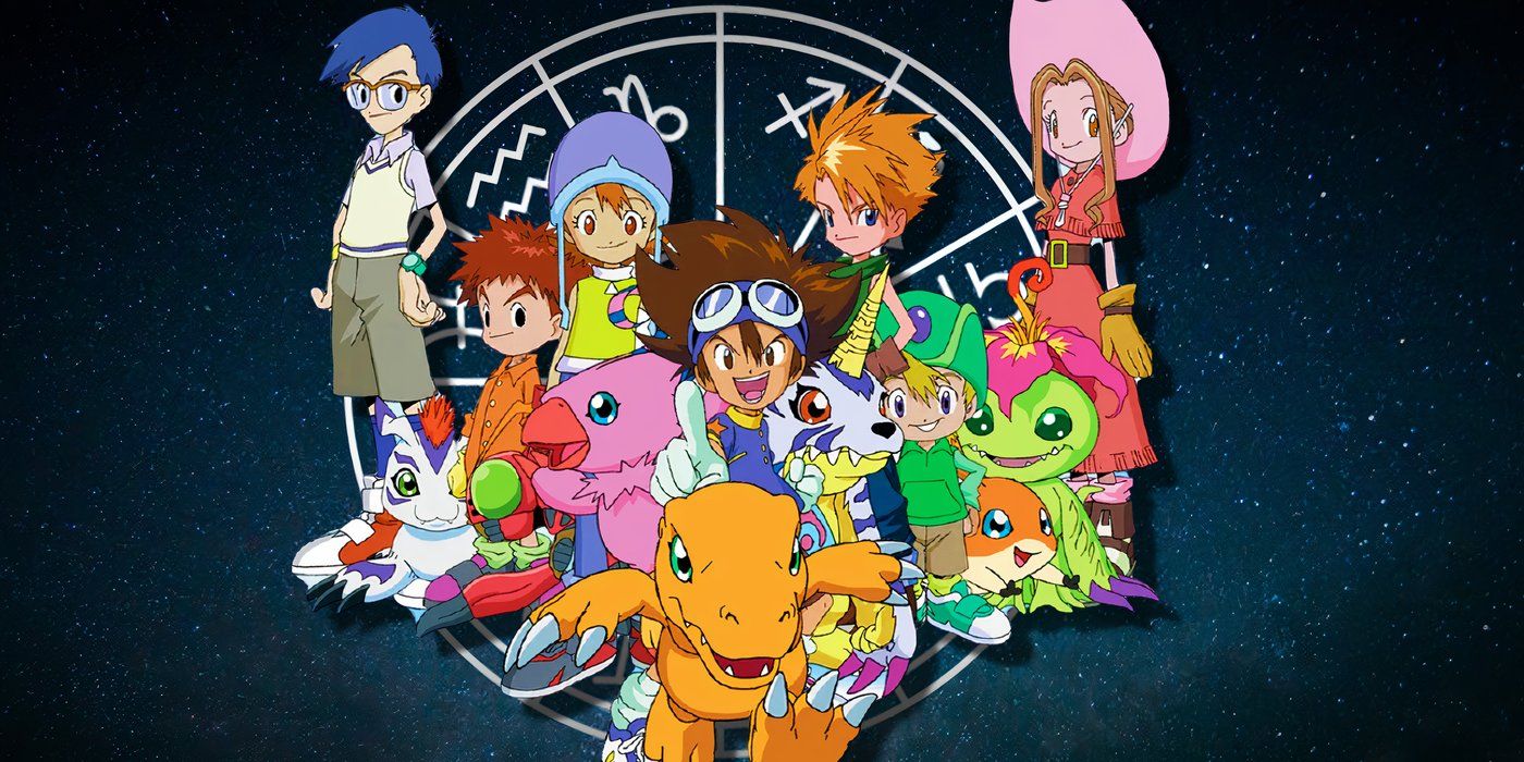 The cast of Digimon Adventure standing with their Digimon and looking happy with the backdrop of an astrological circle depicting the Zodiac signs.