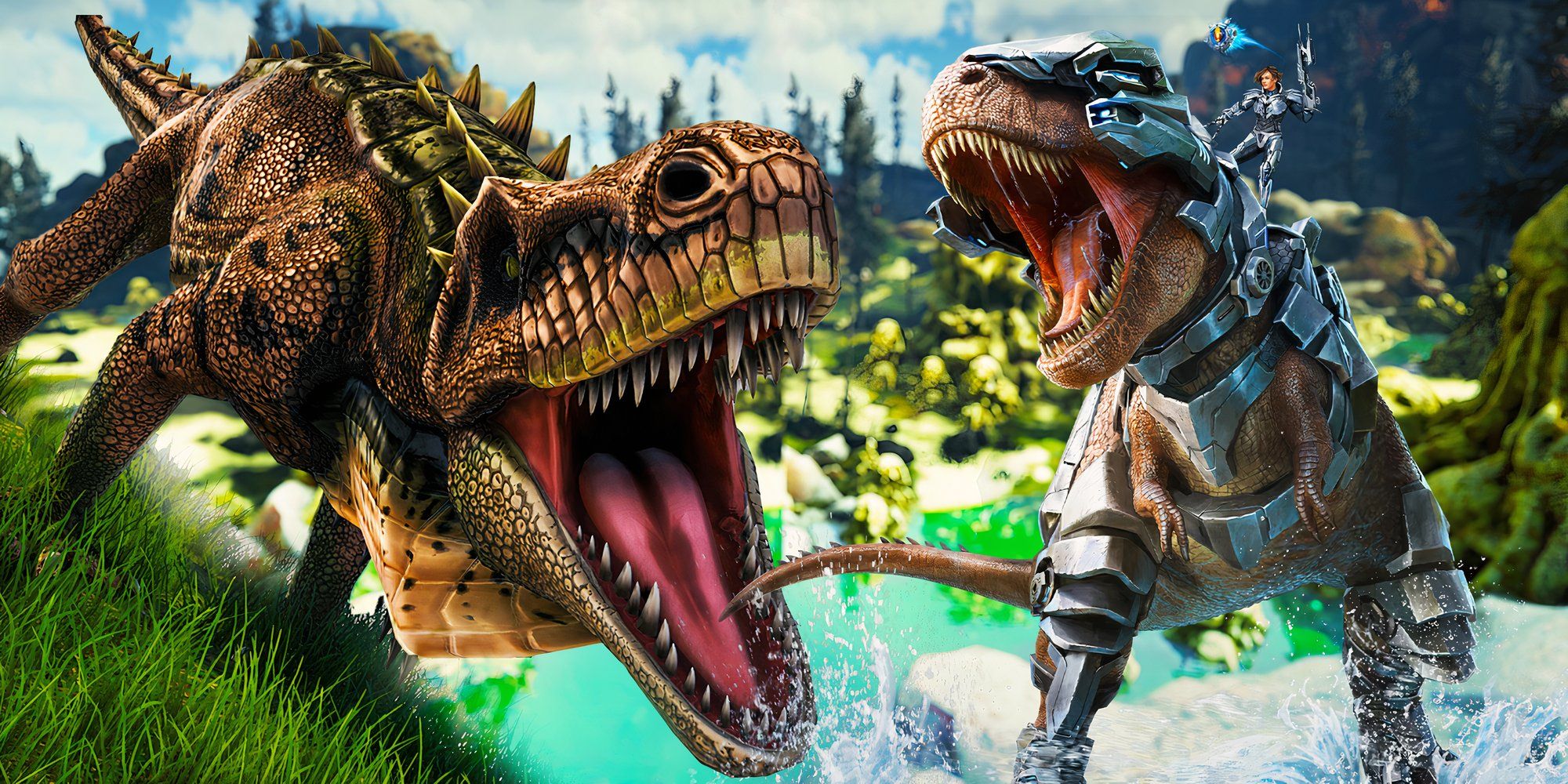 A roaring dinosaur and an armored dino splashing in a pond in art from Ark: Survival Ascended.