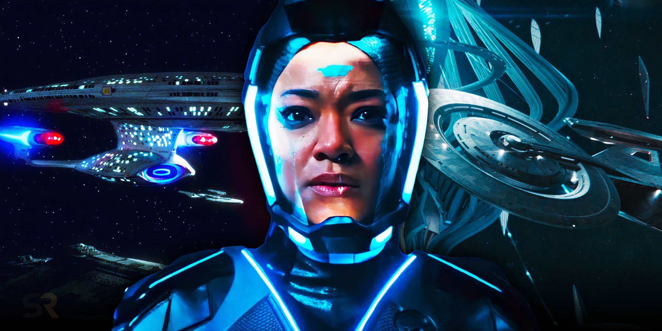 Captain Michael Burnham in front of the USS Enterprise-D and the USS Discovery
