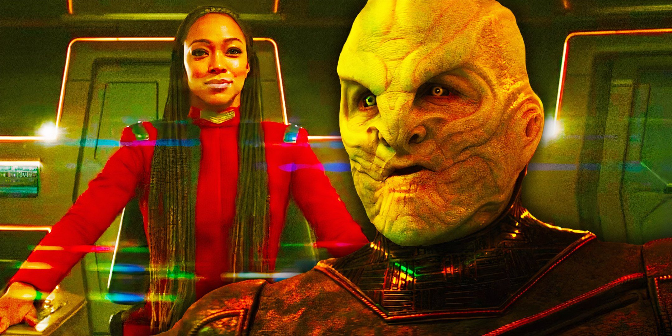 Captain Michael Burnham looking pleased behind L'ak in Star Trek Discovery