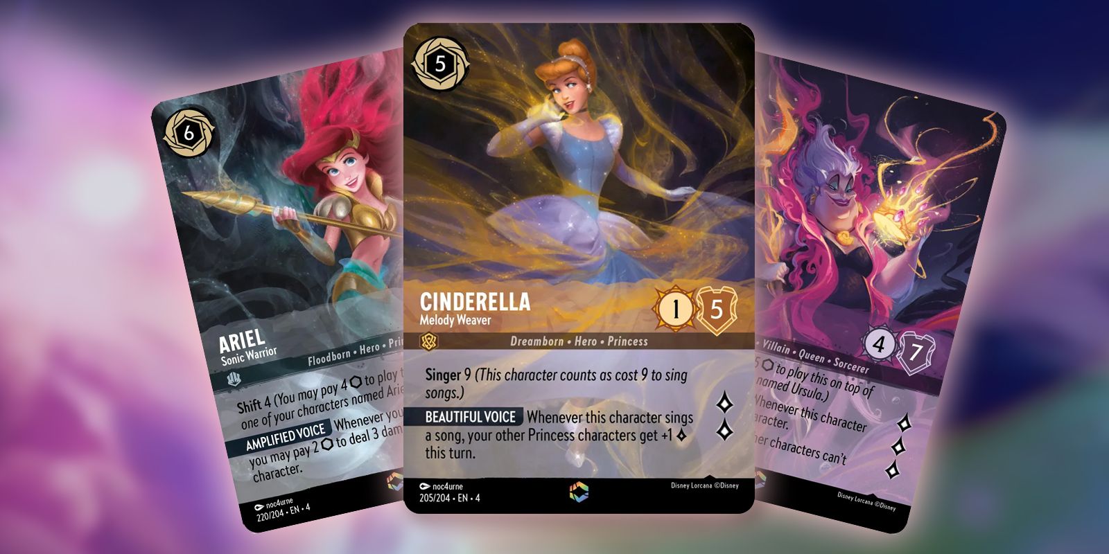 Ariel, Cinderella, and Ursula cards from Disney Lorcana; Ursula's Return.