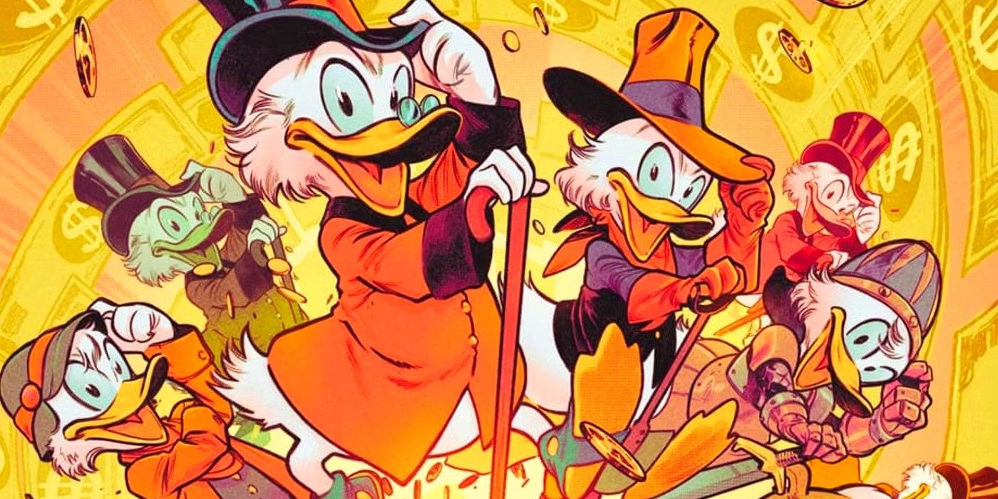 A kaleidoscopic view of multiple versions of Disney's Scrooge McDuck.