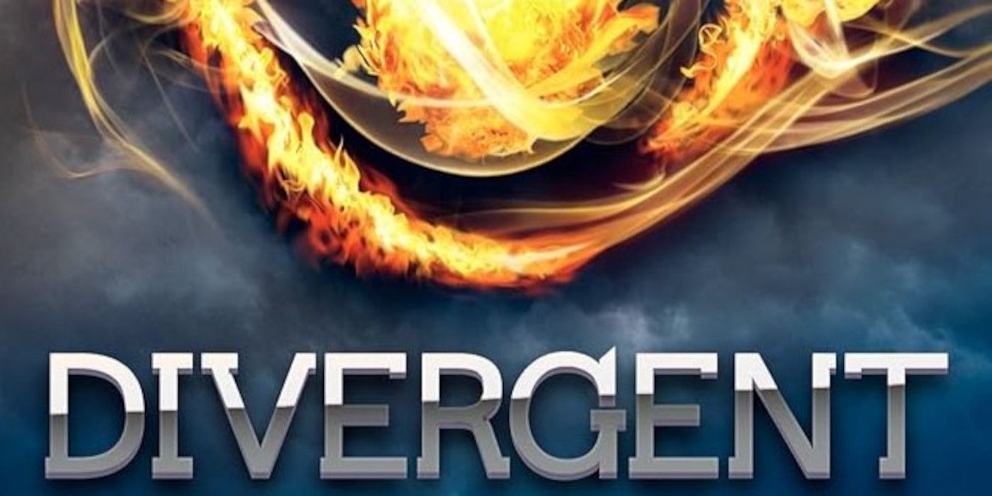 Divergent Cover featuring a blue background, the title, and fire