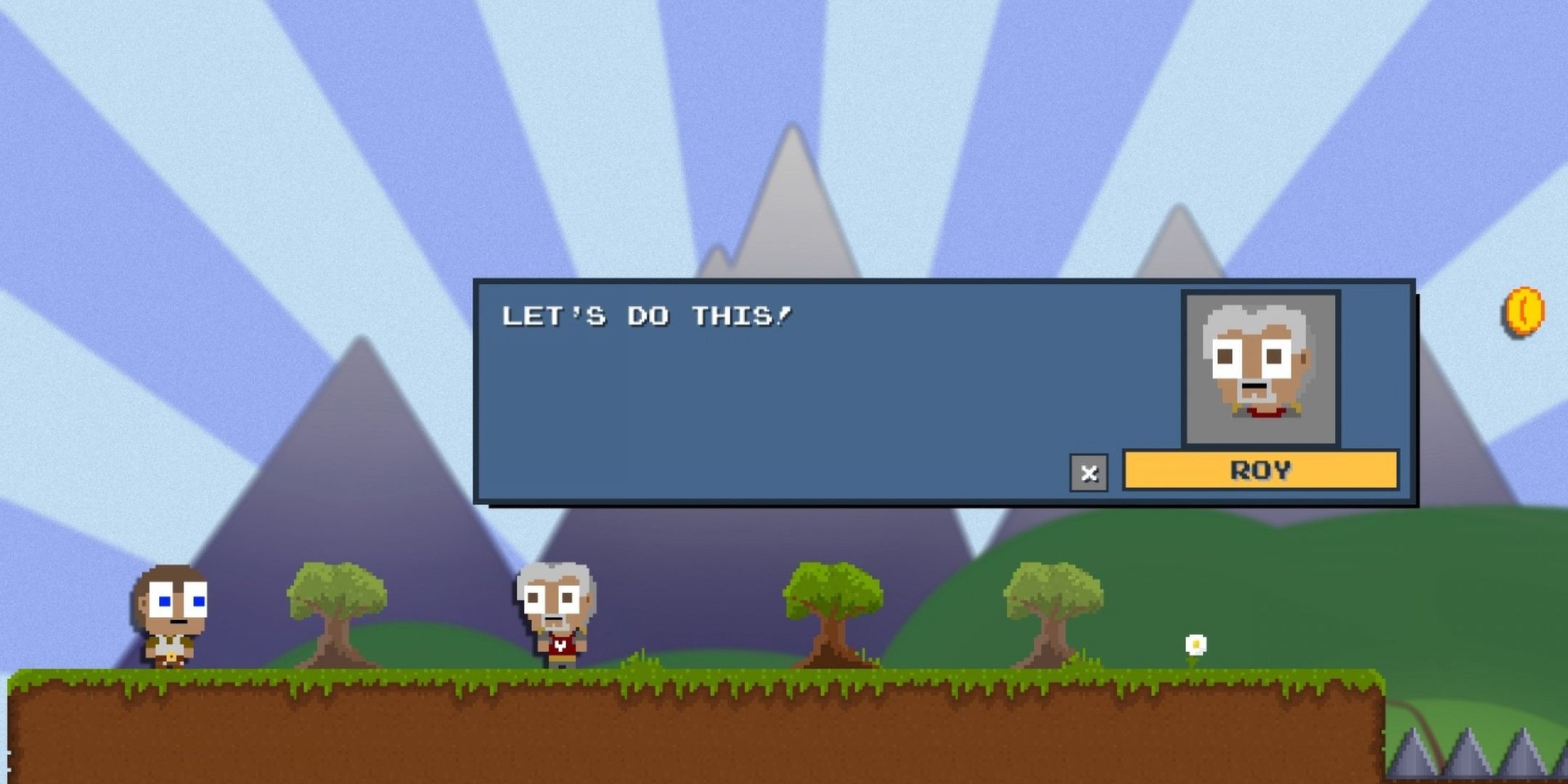 O personagem Roy dizendo "Vamos fazer isso!" no jogo de pixel art DLC Quest.