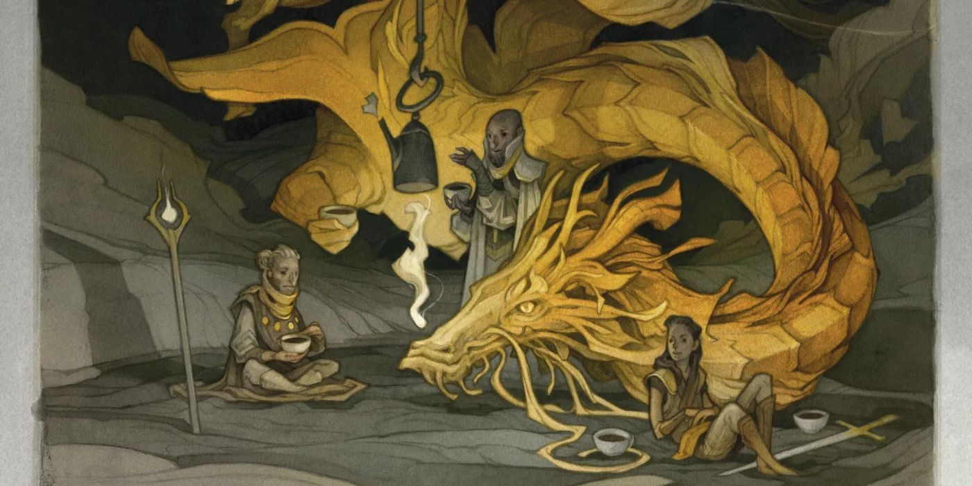 dndAn artistic depiction of a group of adventurers sitting around a campfire with a gold dragon