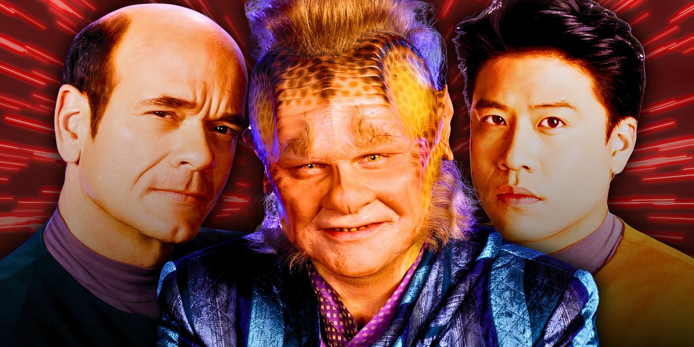 Collage of the Doctor (Robert Picardo), Neelix (Ethan Phillips), and Harry Kim (Garrett Wang) from Star Trek: Voyager on a red background.
