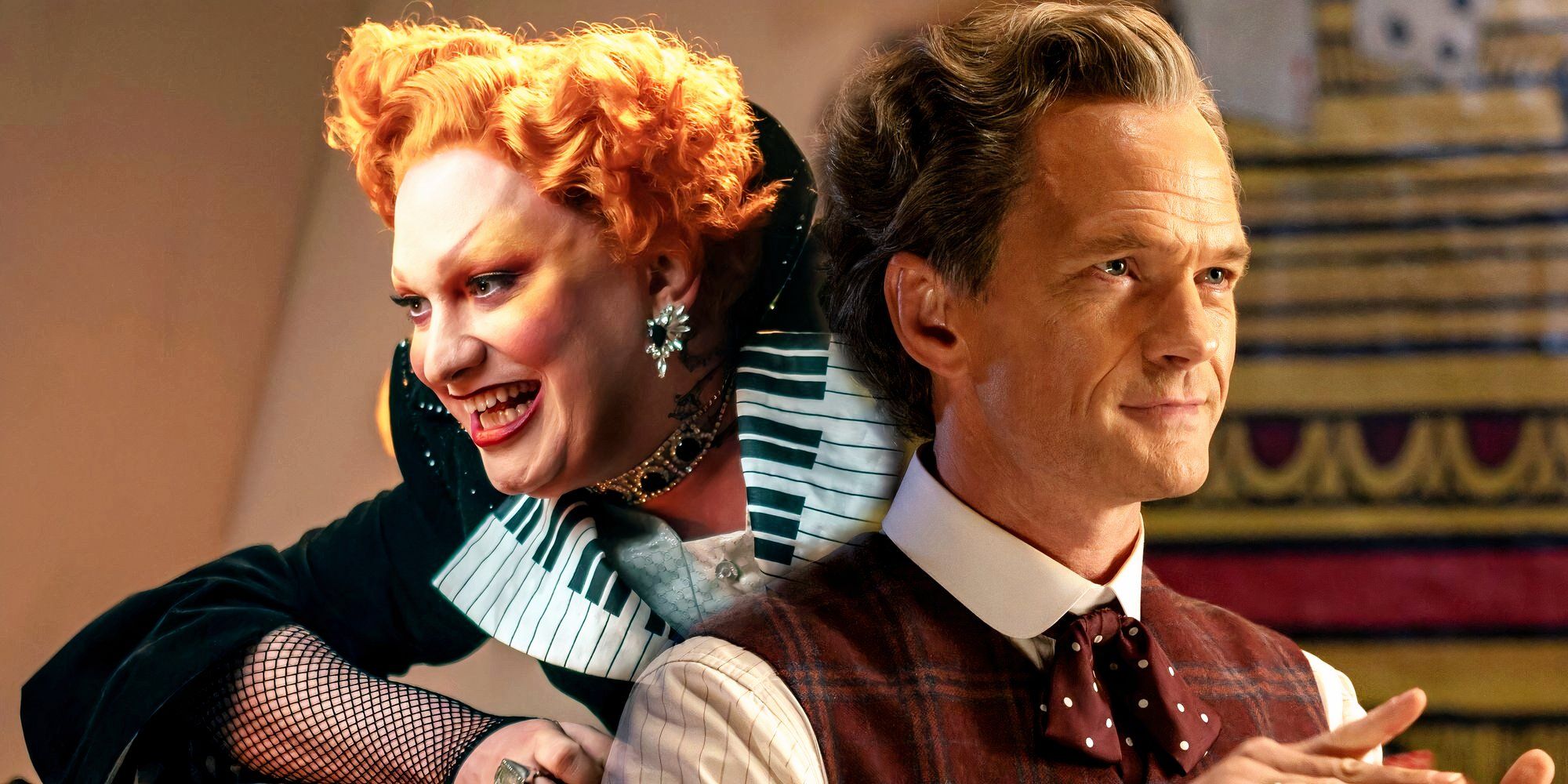 Jinkxx Monsoon as Maestro and Neil Patrick Harris as the Toymaker side by side in Doctor Who