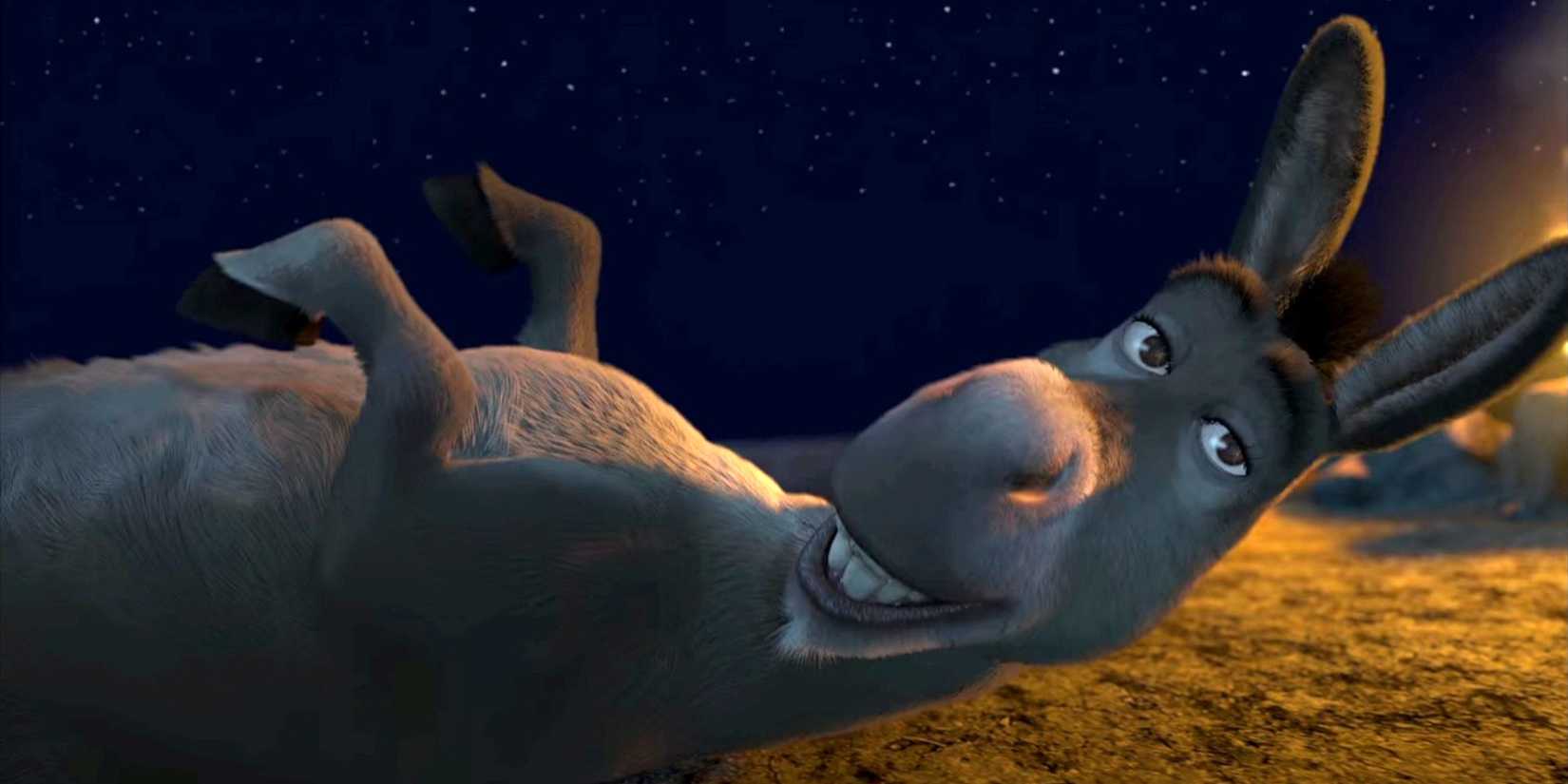 Donkey lying on his back and talking to Shrek.