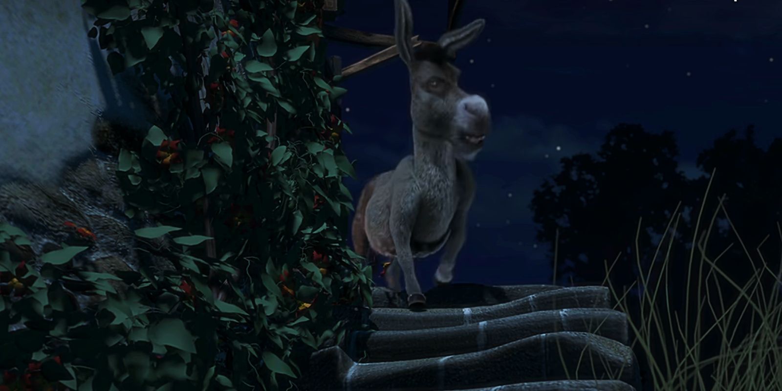 Donkey walks out the door and down the steps in Shrek