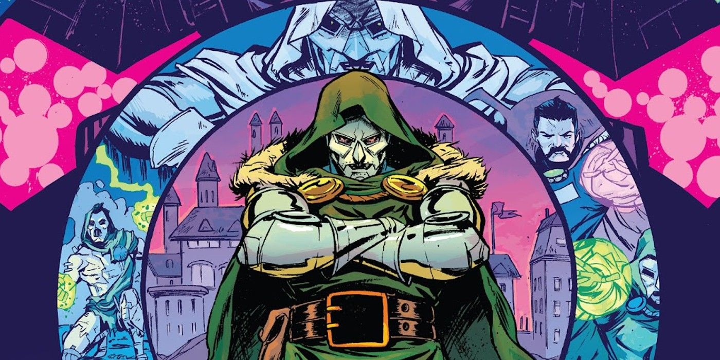 Close up for the cover of DOOM #1, Doom with his arms folded, with another image of Doom and other heroes encircling him.