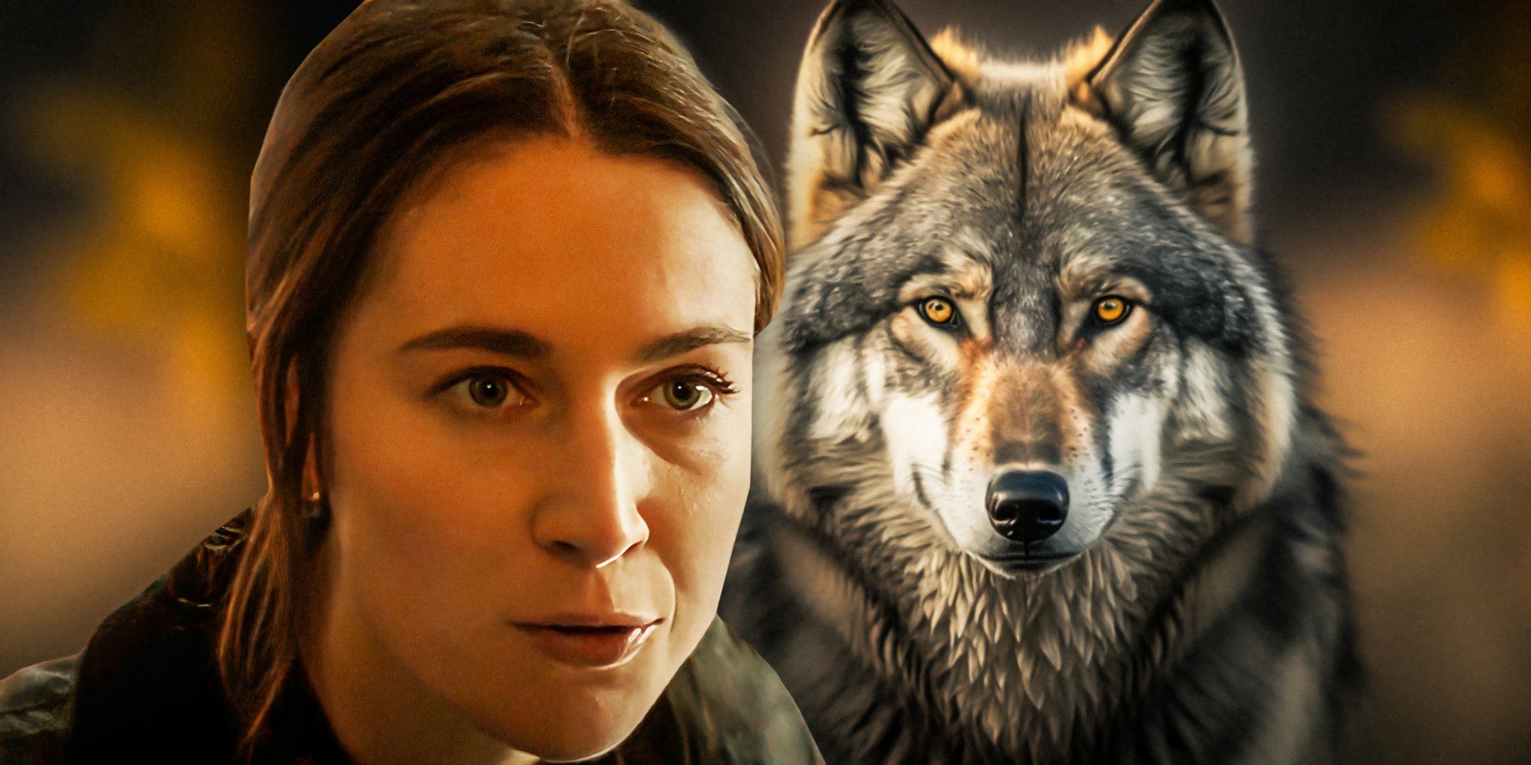 A collage of Siobhán Cullen as Dove in Bodkin and a timber wolf