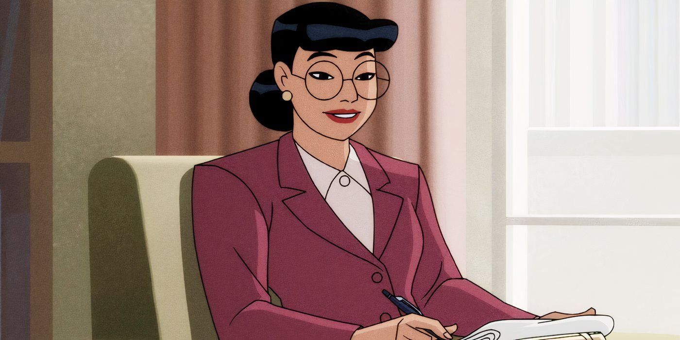 Dr Harleen Quinzel smiling and looking sideways in Batman Caped Crusader