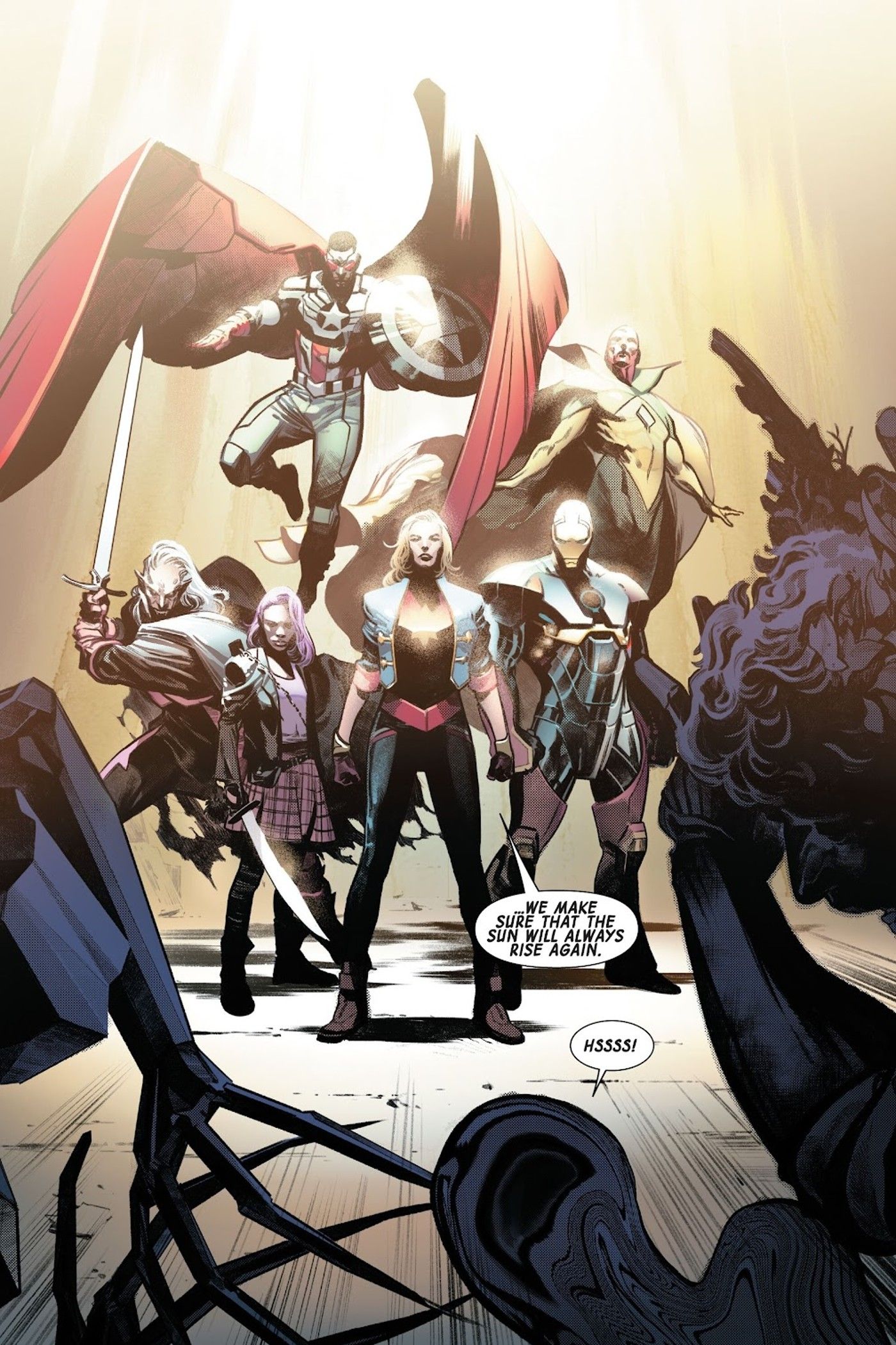 Dracula and Blade's daughter Bloodline stand tall with the Avengers Iron Man Captain Marvel Captain America and Vision to fight vampires