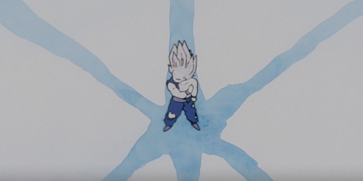 Gohan de Dragon Ball parado em um vazio branco com uma espécie de cruz azul ao seu redor.