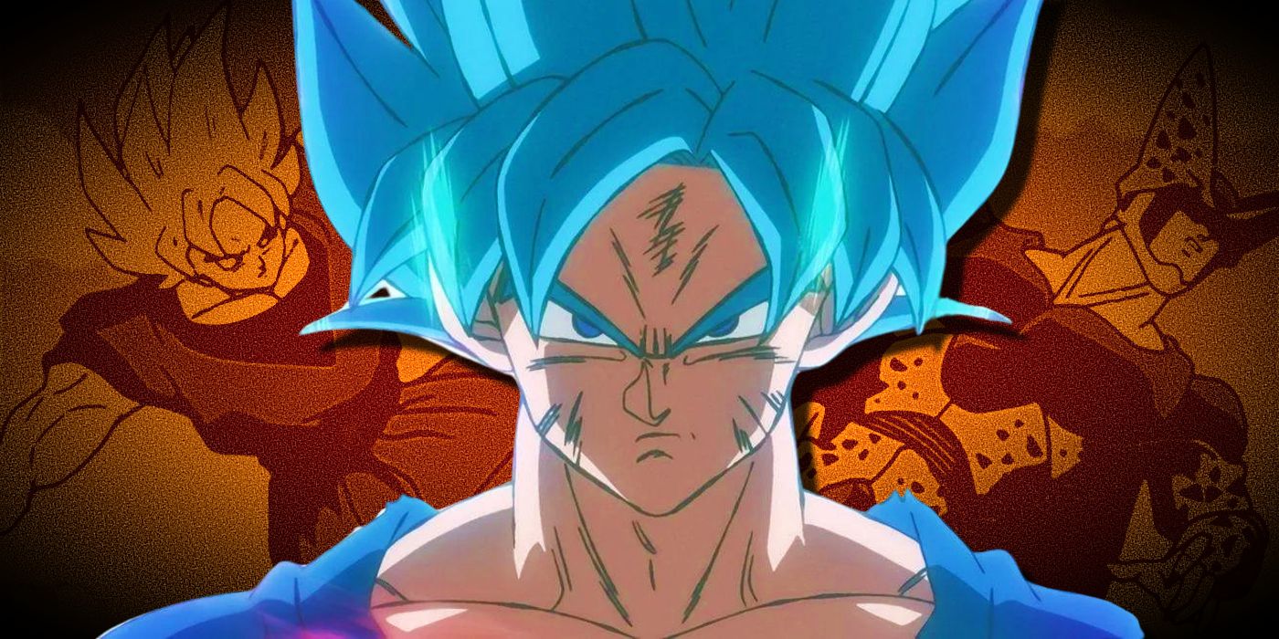 Dragon Ball's Super Saiyan Blue Goku grimacing over an image of Goku kicking Cell colored orange.