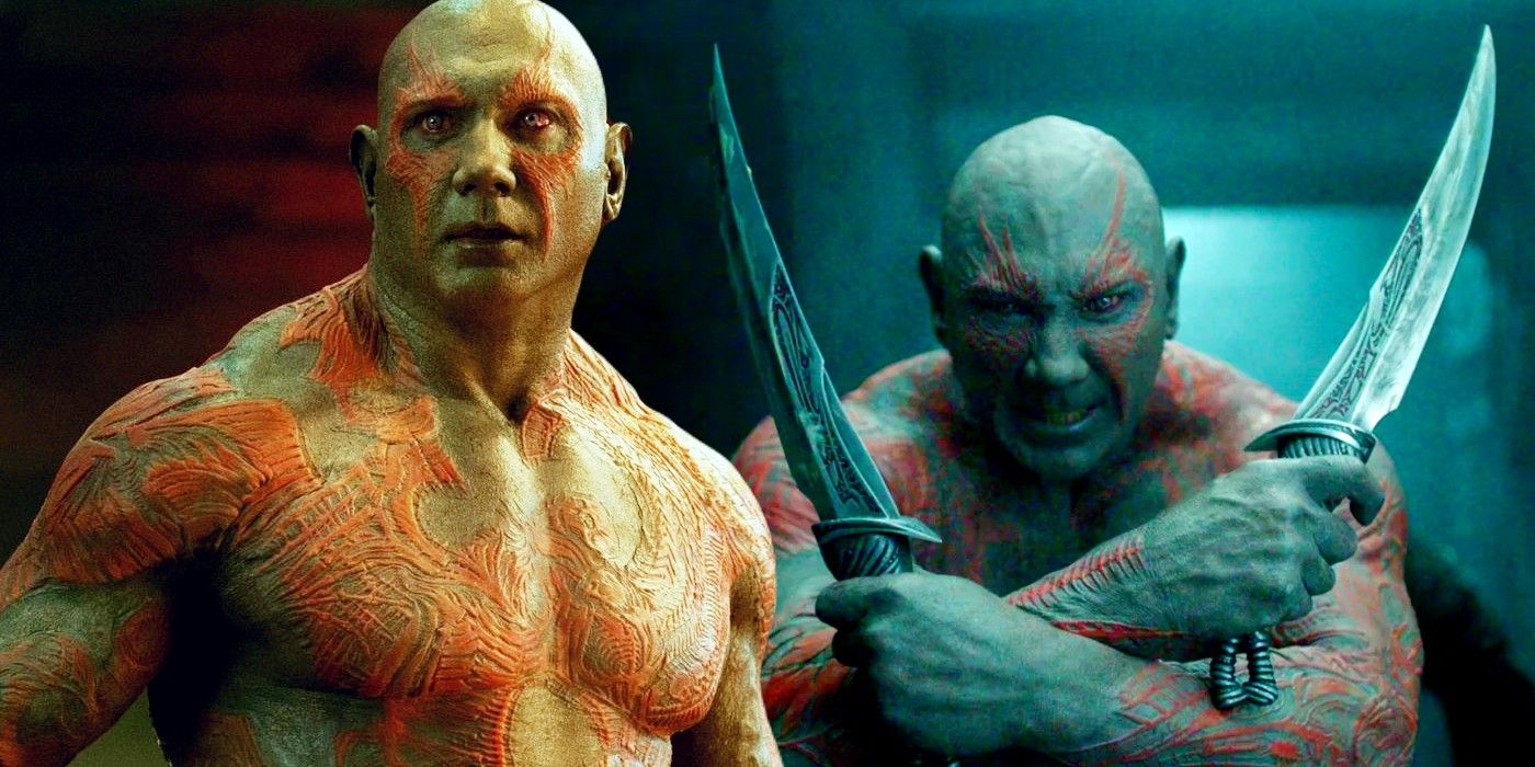 drax the destroyer the the marvel cinematic universe, standing looking strong and brandishing his knives