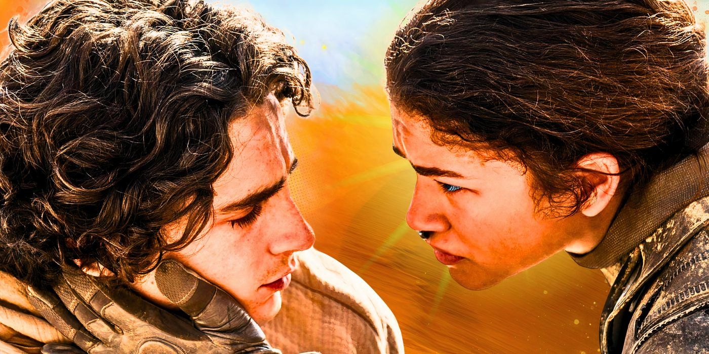 Paul (Timothee Chalamet) and Chani (Zendaya) look intensely at each other in front of a desert background in Dune: Part Two