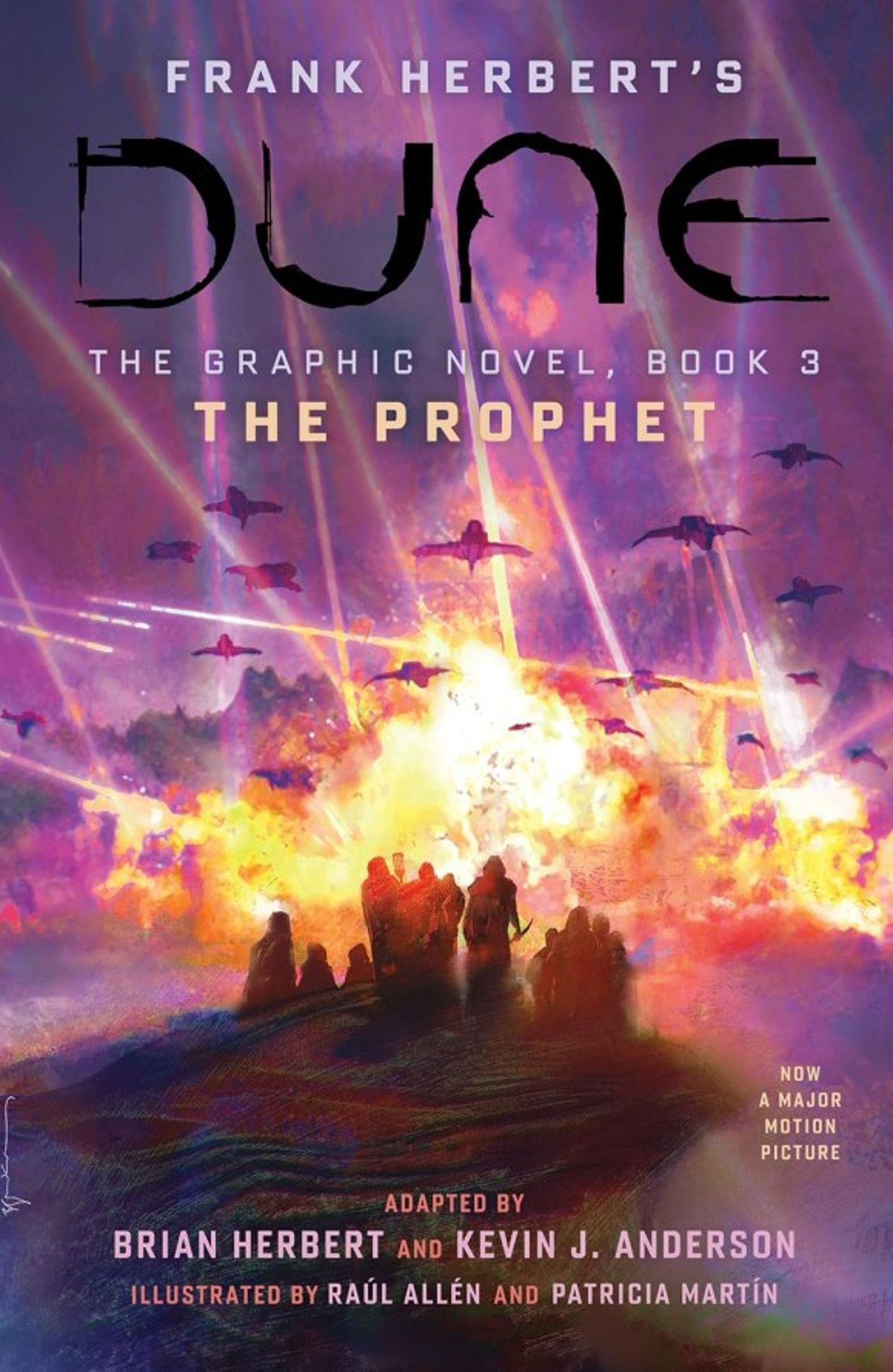 Dune Volume 3 Cover featuring people gathered watching a purple sky and explosions on the horizon