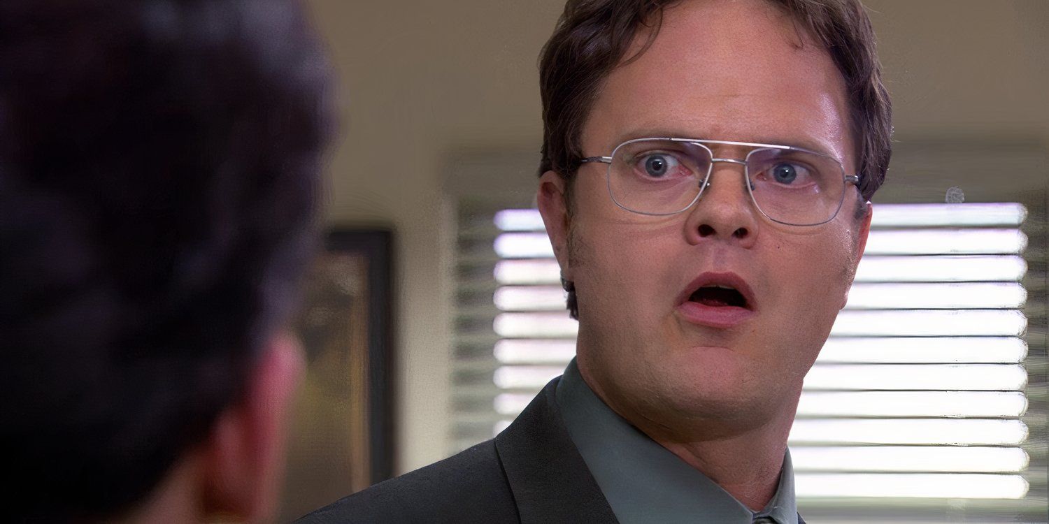 Dwight (Rainn Wilson) is exasperated with his mouth agape in The Office