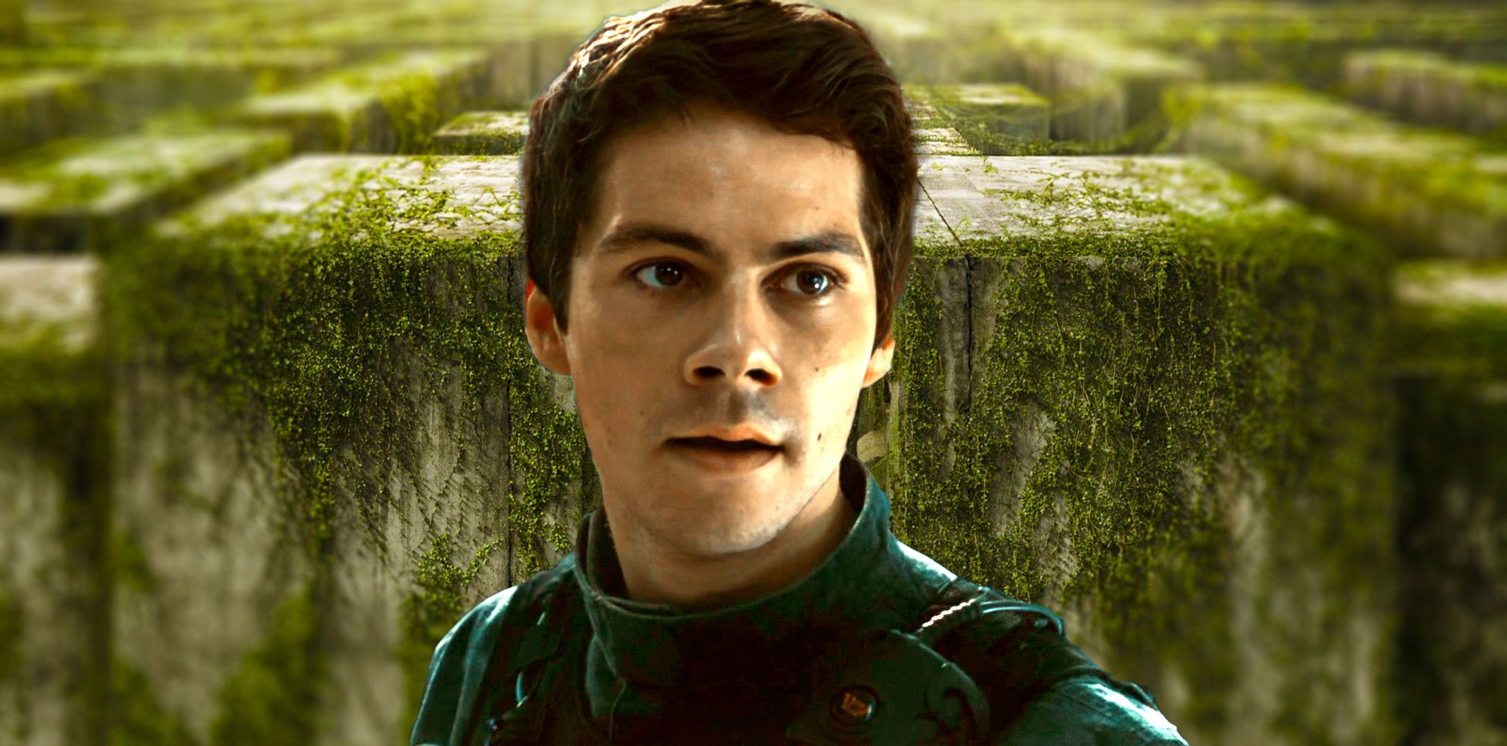 Dylan O'Brien as Thomas against The Maze Runner background