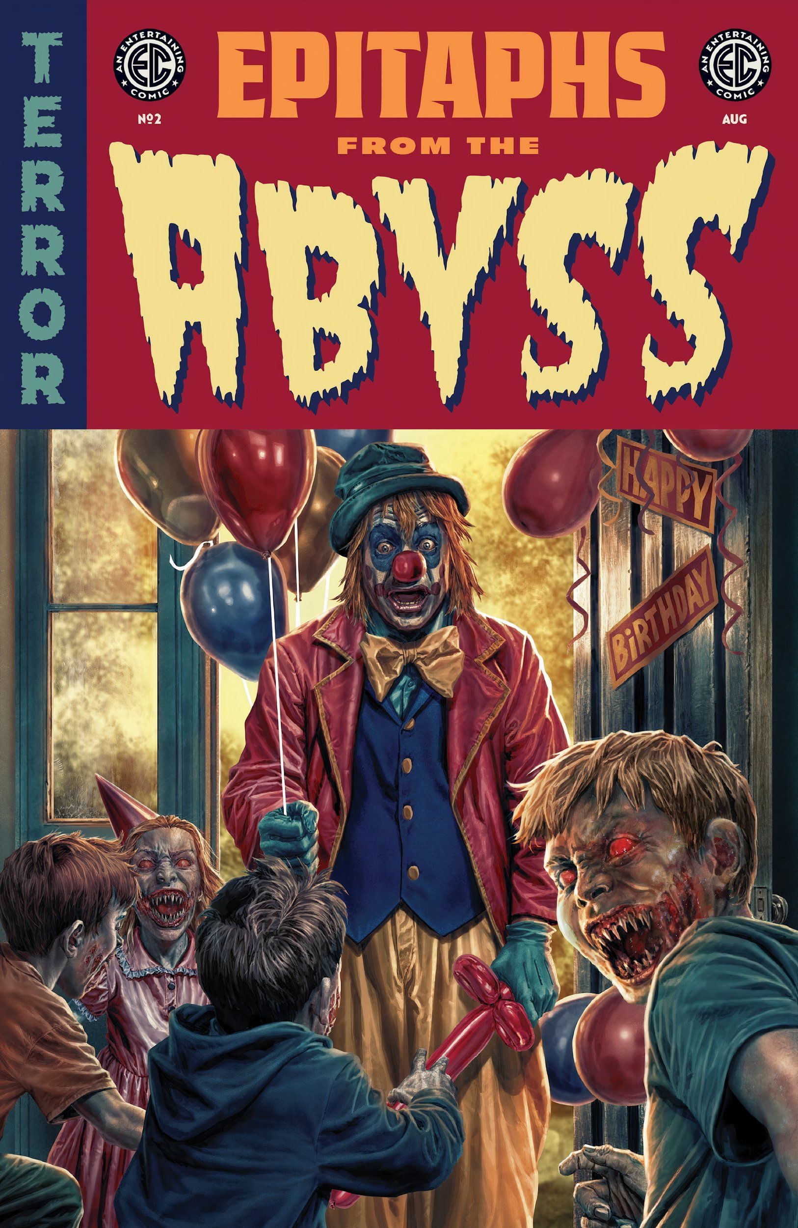EC Comics (Oni Press) - Bermejo cover of Epitaphs From The Abyss 2 showing a birthday clown being attacked by zombie children