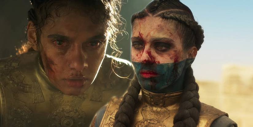 Egwene wearing an A'dam with bloodshot eyes next to Renna wearing an A'dam covered in blood in The Wheel of Time season 2.