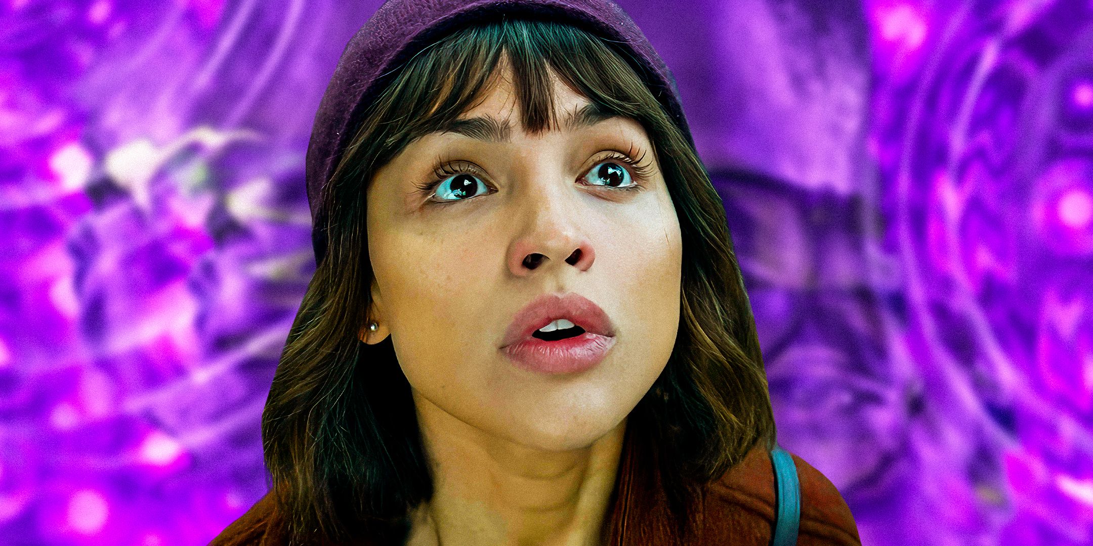 Eiza Gonzalez as Auggie Salazar looking shocked in 3 Body Problem with purple background