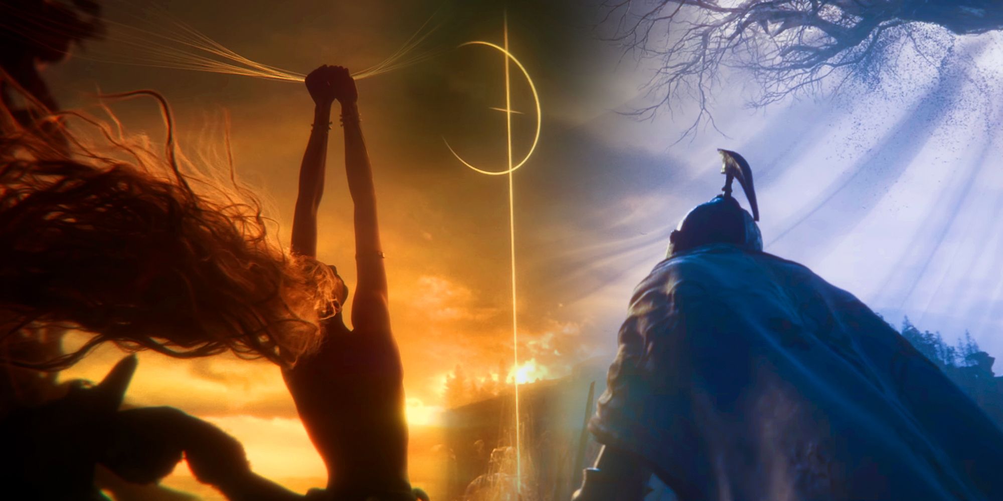 On the left is a figure, presumably Marika, holding golden strands of light above their head. On the right is an armored knight, kneeling before a golden rune.