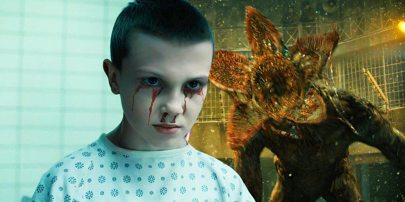 Eleven juxtaposed with a Demogorgon in Stranger Things season 4