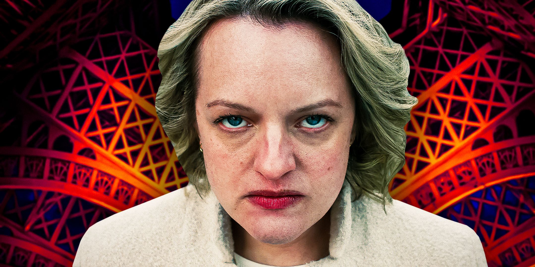 Elisabeth Moss as June Osborne looking serious in The Handmaid's Tale with Eiffel Tower background