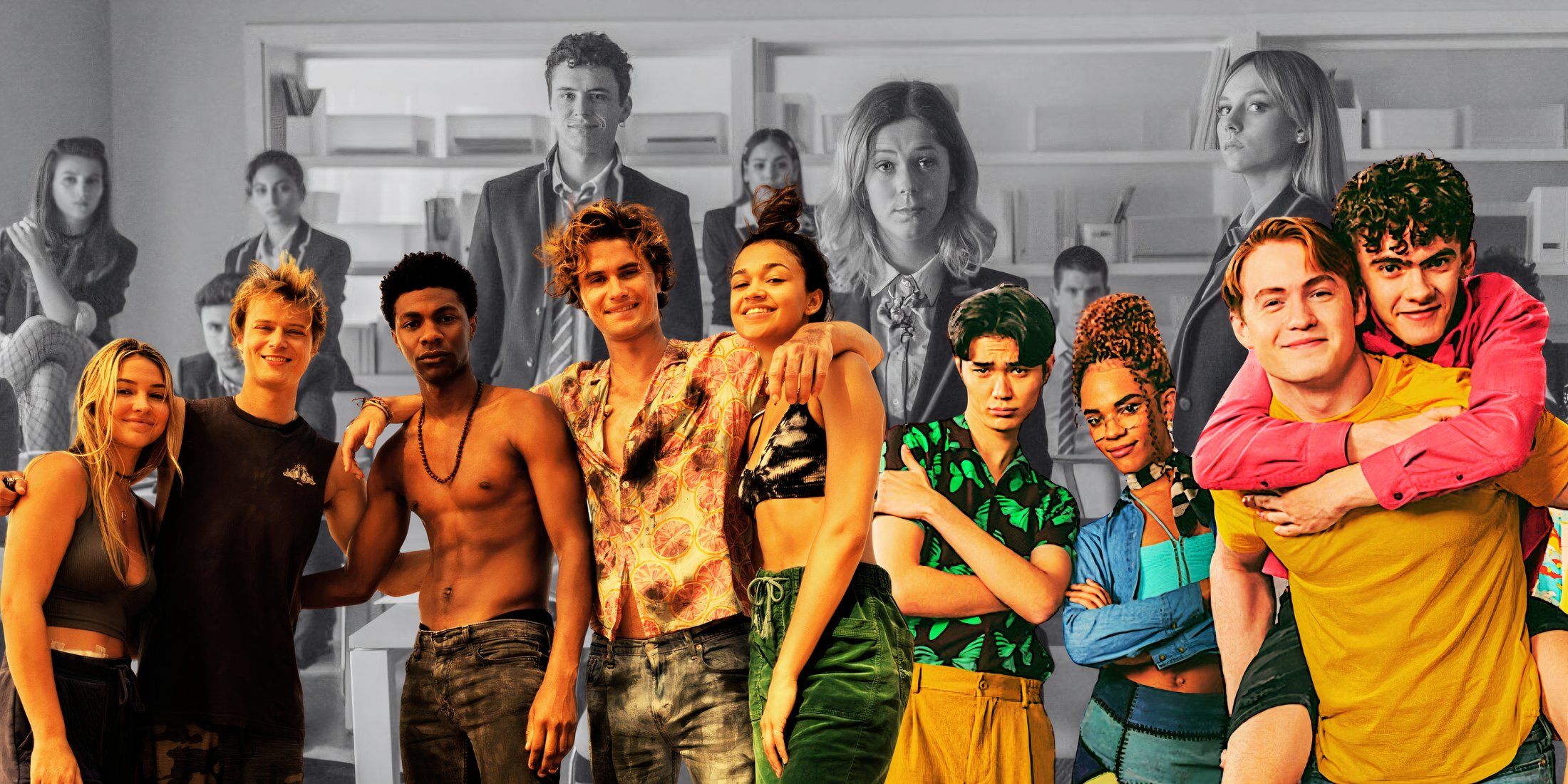 A blended image features the cast of Elite in the background with the casts of Outer Banks and Heartstopper in the foreground