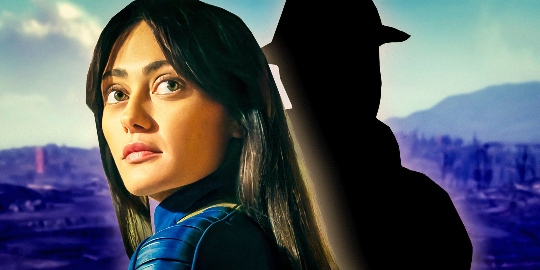 Ella Purnell as Lucy MacLean next to a silhouetted figure in Fallout